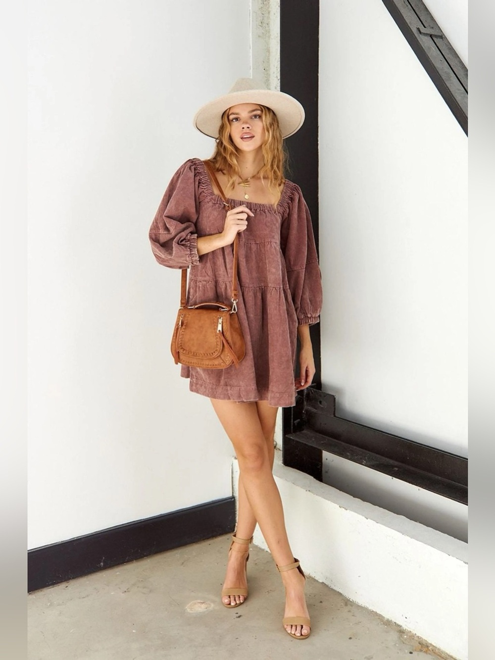 NWT Mustard Seed Mauve Corduroy Tiered Dress Balloon Sleeve Size M
